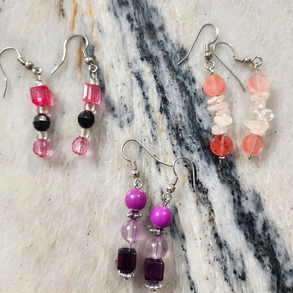 Bundle of 3 Dangle Beaded Earrings - Pink, Purple, and Black